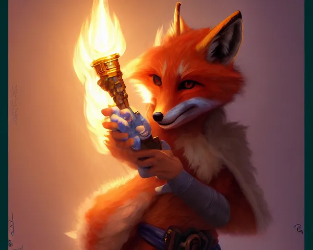 Image similar to a cheeky school oy fox from final fantasy, holding a torch, deep focus, d & d, fantasy, intricate, elegant, highly detailed, digital painting, artstation, concept art, matte, sharp focus, illustration, hearthstone, art by artgerm and greg rutkowski and alphonse mucha