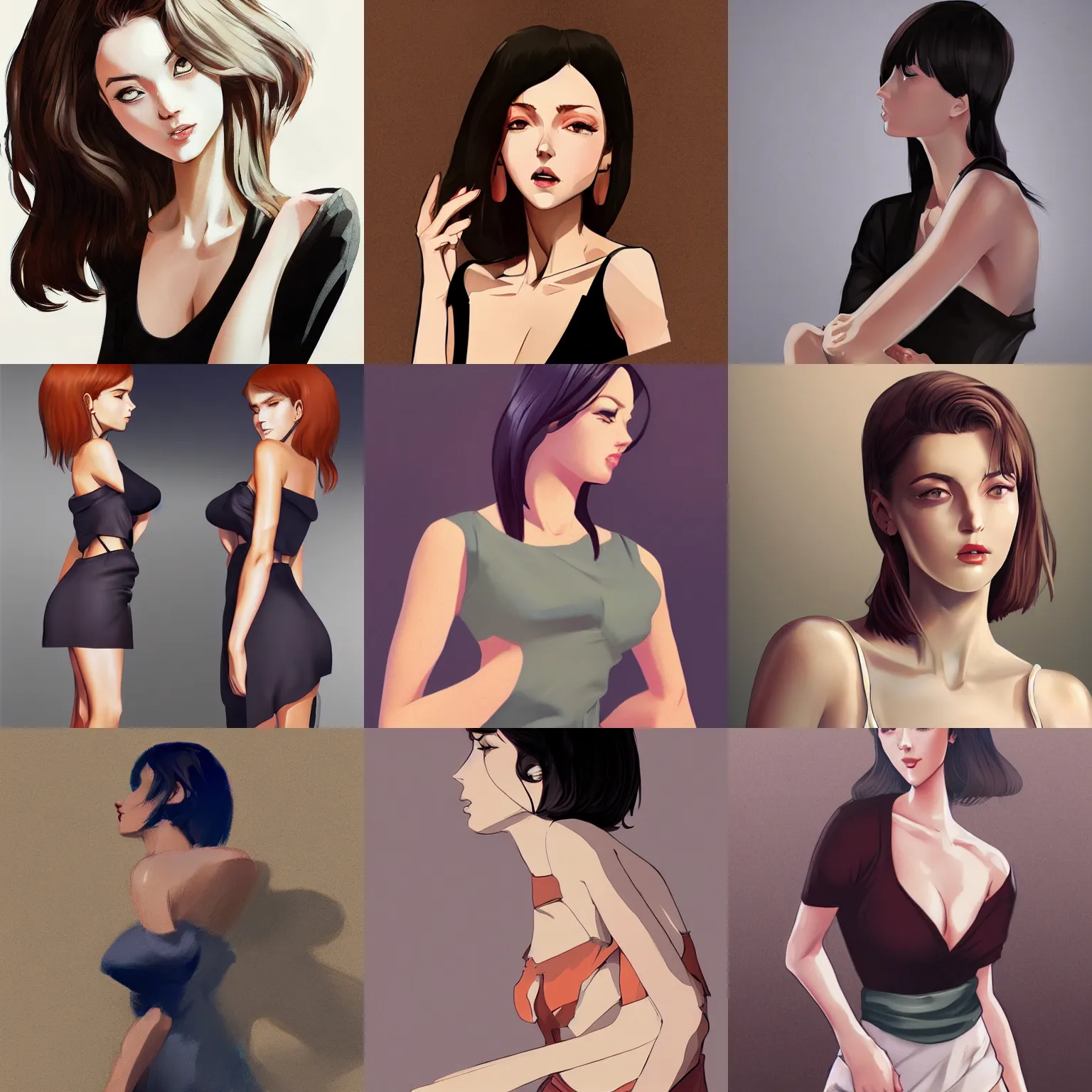 Prompt: sexy girl in a low cut blouse and short skirt, seductive pose, side-view. highly detailed, digital painting, concept art, in the style of ilya kuvshinov, high definition digital art