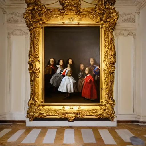 Image similar to super quality family portrait in the main room of the castle painted in 1 6 5 6, dark room, one point of light coming through the window inspired by las meninas, clear spaces between each subject and good detail and realistic eyes, faces for each person in the canva, inspired by diego velasquez baroque style, hdr