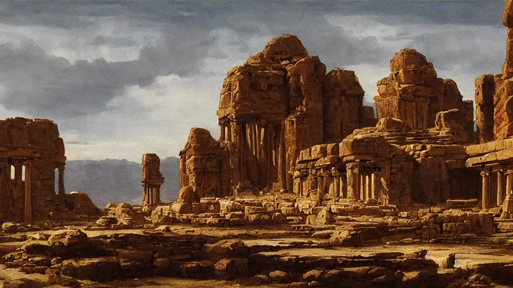 Prompt: Painting of an ancient world, by Raphael Lacoste