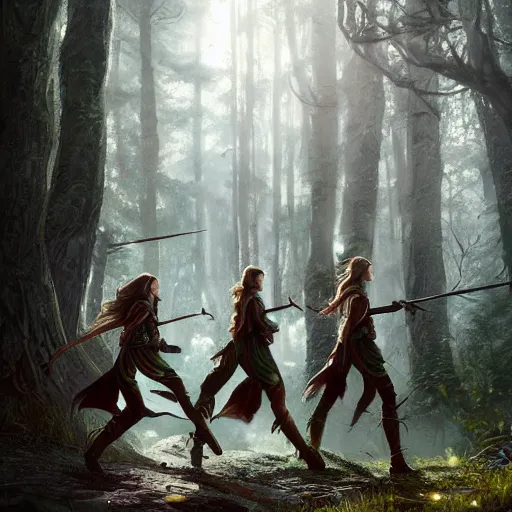 Image similar to elves with armors foot soldiers in rivendel forest city, epic masterpiece of cinematographic hyperrealism, realistic shaded lighting poster by craig mallismo, artgerm, jeremy lipkin and michael garmash, unreal engine, radiant light, detailed and intricate environment, digital art, art station trends