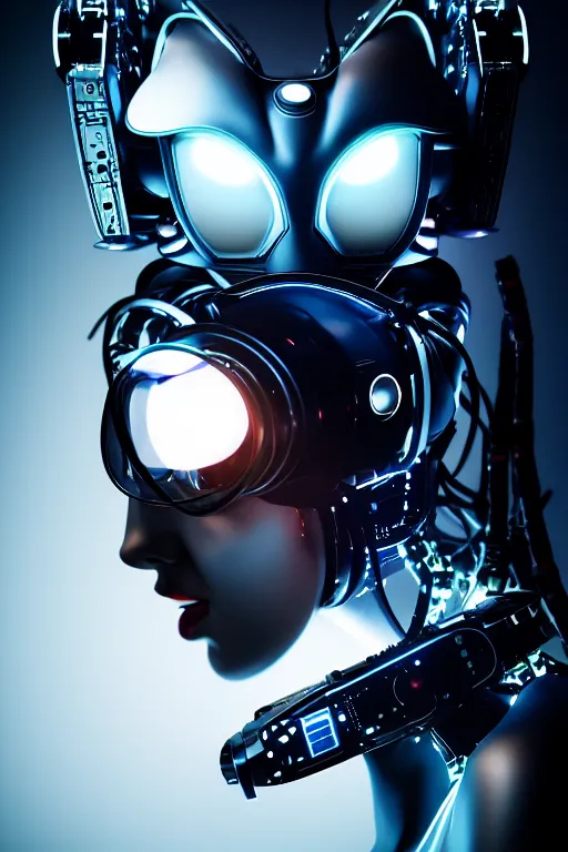 Image similar to cybernetic high tech catgirl, cat on head, sci - fi, cyberpunk, futurism, exoskeleton, strong artificial intelligence, symmetry, cinematic, elegant, luxury, professional studio light, perfect composition, dlsr photography, sharp focus, 8 k, ultra hd, sense of awe, highly detailed, hyper realistic, intricate, science journal cover