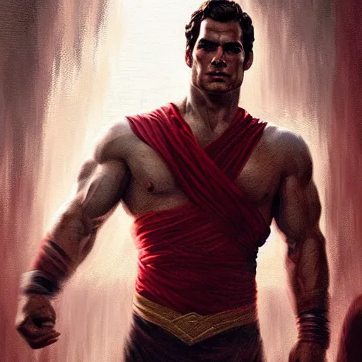 Prompt: Henry Cavill is a Greek god, gorgeous, amazing, muscular, red silk, intricate, elegant highly detailed, digital painting, artstation, concept art, sharp focus, illustration, by greg rutkowski