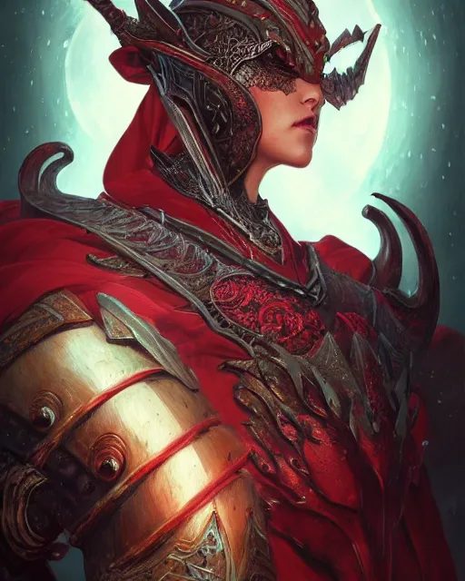 Prompt: Portrait of a Fantasy crimson knight, moonlit, HD, illustration, epic, D&D, fantasy, intricate, elegant, highly detailed, digital painting, artstation, concept art, smooth, sharp focus, illustration, art by artgerm and greg rutkowski and alphonse mucha, monster hunter illustrations art book