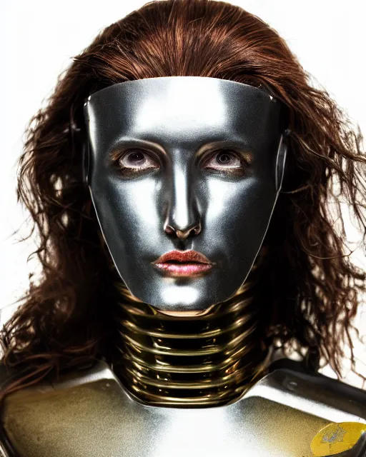 Prompt: realistic photo portrait of a metal hero woman with human head, studio lighting, 1 5 0 mm