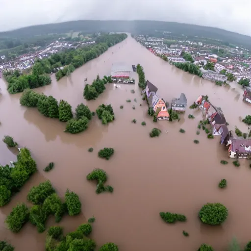 Image similar to drone footage of a small german town being flooded during a thunderstorm