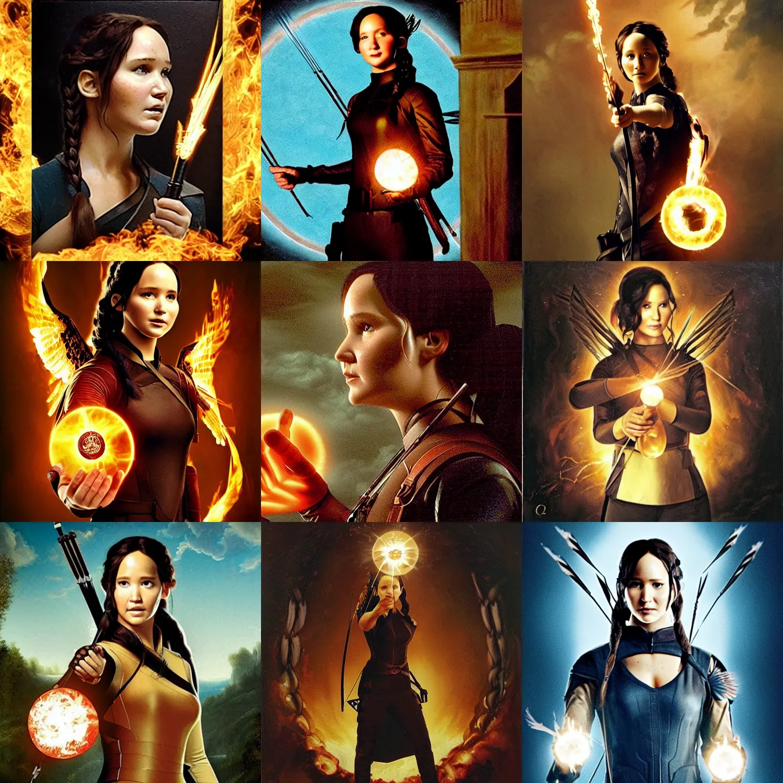 Prompt: katniss everdeen holding a glowing palantir, renaissance oil painting