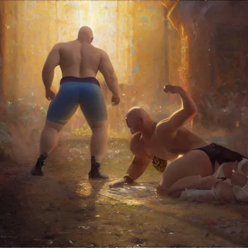 Image similar to bald wrestler breaking blonde wrestler's back, radiant light, caustics, heroic, bright iridescent light, by gaston bussiere, bayard wu, greg rutkowski, maxim verehin, epic wrestling combat, legendary