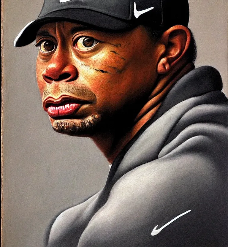 Prompt: realistic tiger woods portrait by caravaggio.