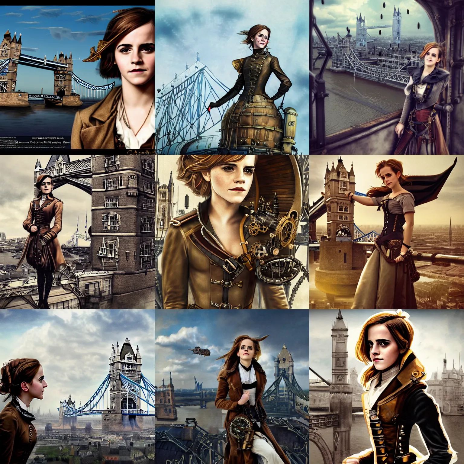 Prompt: Emma Watson as a steampunk airship pilot, on a roof, looking out at Victorian London Tower Bridge, steampunk art, trending on ArtStation