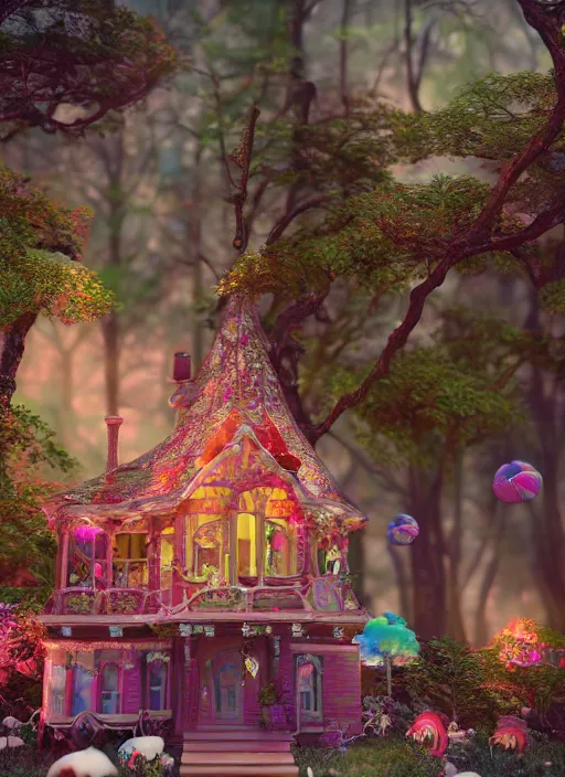 Image similar to Magical enchanted house on a candy biome full of candys, cotton candy trees, cinematic shot, intricate, ornate, photorealistic, ultra detailed, realistic, 100mm, photography, octane, high definition, depth of field, bokeh, 8k, artstation