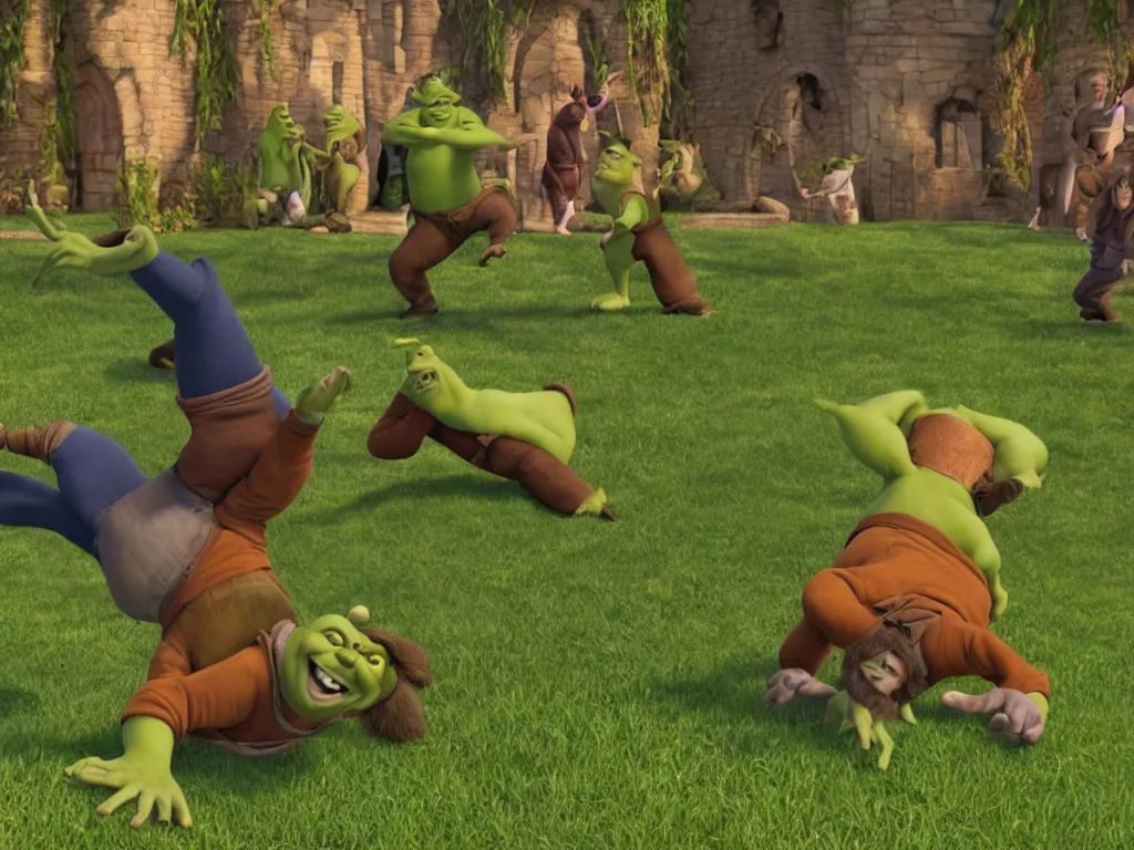 Image similar to shrek breakdancing while lord farquaad is in the back being impressed, High Definition detail, 8K, photography