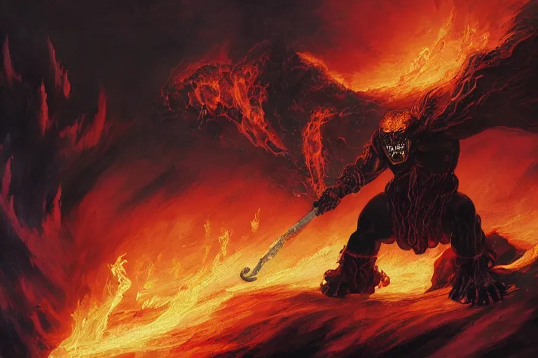 Prompt: balrog, spirit of fire and flame, surrounded by swirling fire, eyes like black coal glowing red, flaming sword, gothic fantasy art, concept are by frank frazetta, 8k, highly detailed digital painting