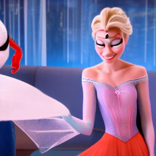 Image similar to spiderman and pregnant princess elsa talking in the livingroom, into the spiderverse cinematic render, ( 2 0 1 8 ) sony animation official media, clear details, award winning, blue gown, third trimester