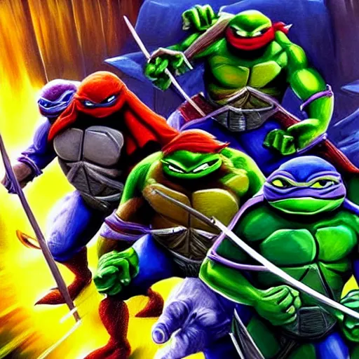 Prompt: “The Shredder fighting the Teenage Mutant Ninja Turtles, colorful oil painting.”