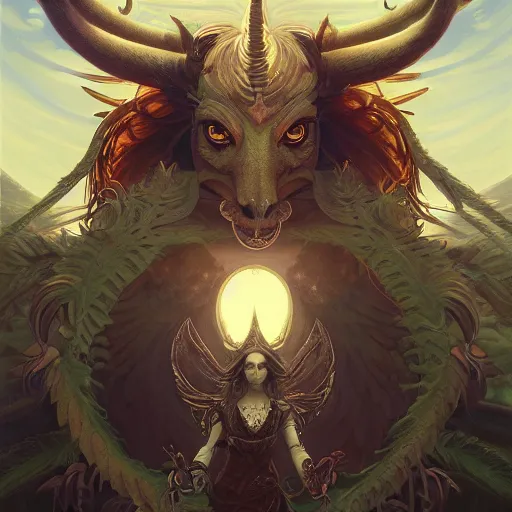 Image similar to Highly detailed portrait of Baphomet, unreal engine, fantasy art by Greg Rutkowski, Loish, Rhads, ferdinand knab, Makoto Shinkai and Lois van baarle, ilya kuvshinov, rossdraws, Tom Bagshaw, alphonse mucha, global illumination, radiant light, detailed and intricate environment