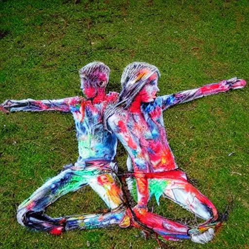 Prompt: a street art of thread knot connecting brother and sister by artur bordalo