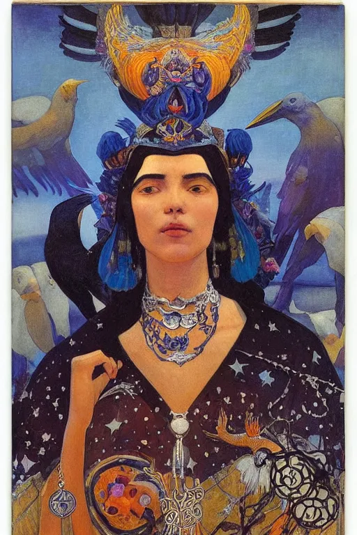 Image similar to queen of the crows with stars in her hair by Nicholas Roerich and Annie Swynnerton and Diego Rivera and jean delville and Carl Larsson, dramatic cinematic lighting , silver jewelry, ornate headdress, flowing robes, sacred artifacts, lost civilizations, smooth, sharp focus, extremely detailed