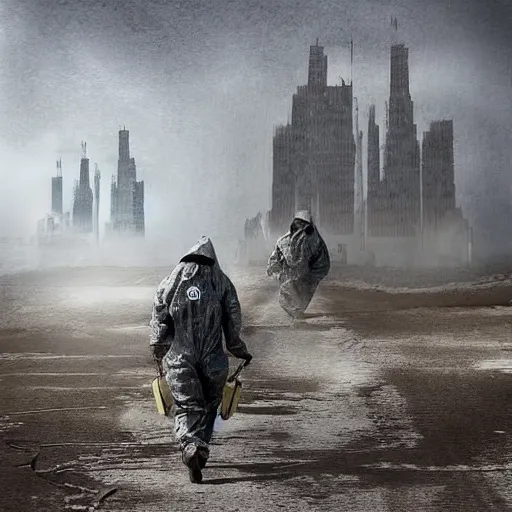 Prompt: a surreal landscape with towers in a harsh environment, two figures dressed in biohazard suits are walking, digital art