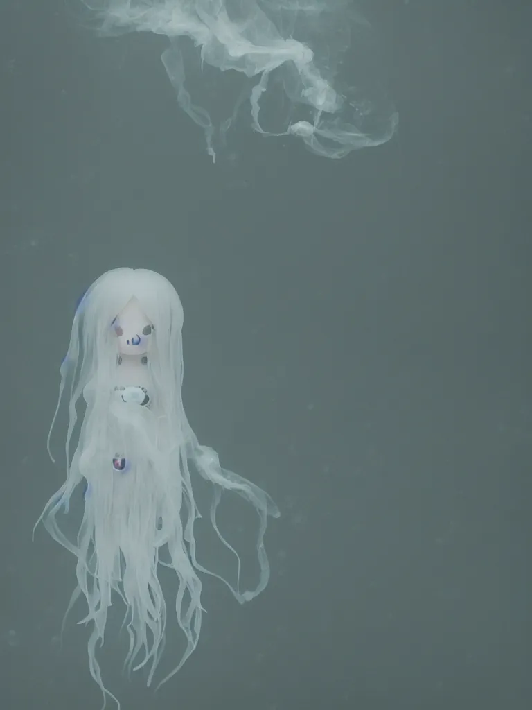 Prompt: cute fumo plush beautiful chibi ectoplasmic gothic skeletal jellyfish ghost girl, glowing milky wisps of hazy smoke and volumetric fog on a heavy rainstormy reflective river in the falling rain, lens flare, subsurface scattering, vignette, asymmetry, bokeh, refraction, vray