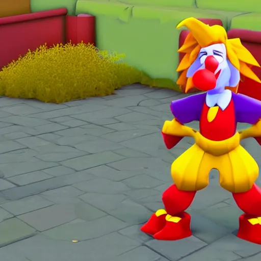 Image similar to image of ronald mcdonald, red afro, red nose and yellow outfit as an enemy in spyro the dragon video game, with low poly playstation 1 graphics, upscaled to high resolution