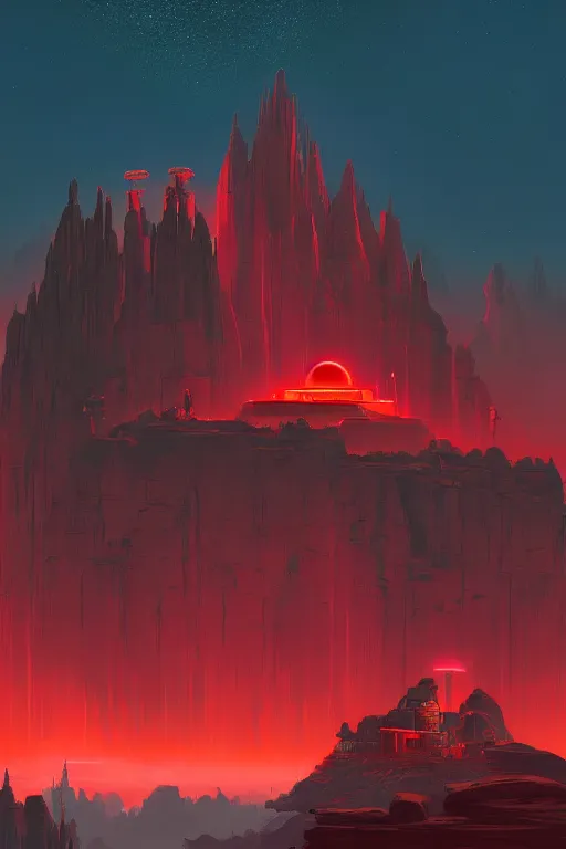 Prompt: futuristic red glowing temple overlooking a canyon, shooting stars, dramatic lighting, artstation, matte painting, ralph mcquarrie, simon stalenhag