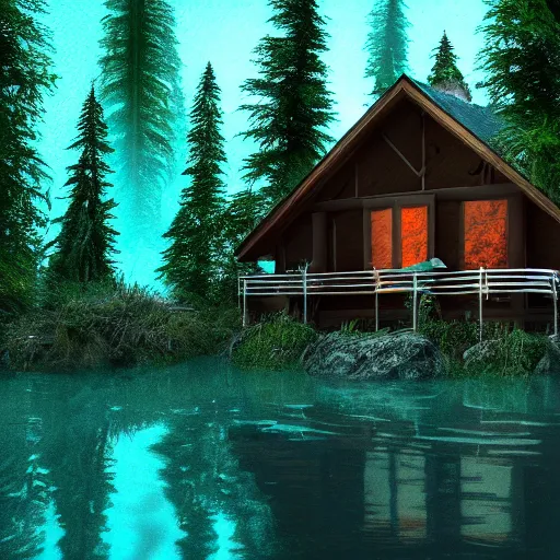 Prompt: a cabin in the woods, underwater, dense trees, dark, eerie, 8k, high definition, highly detailed, photo realistic