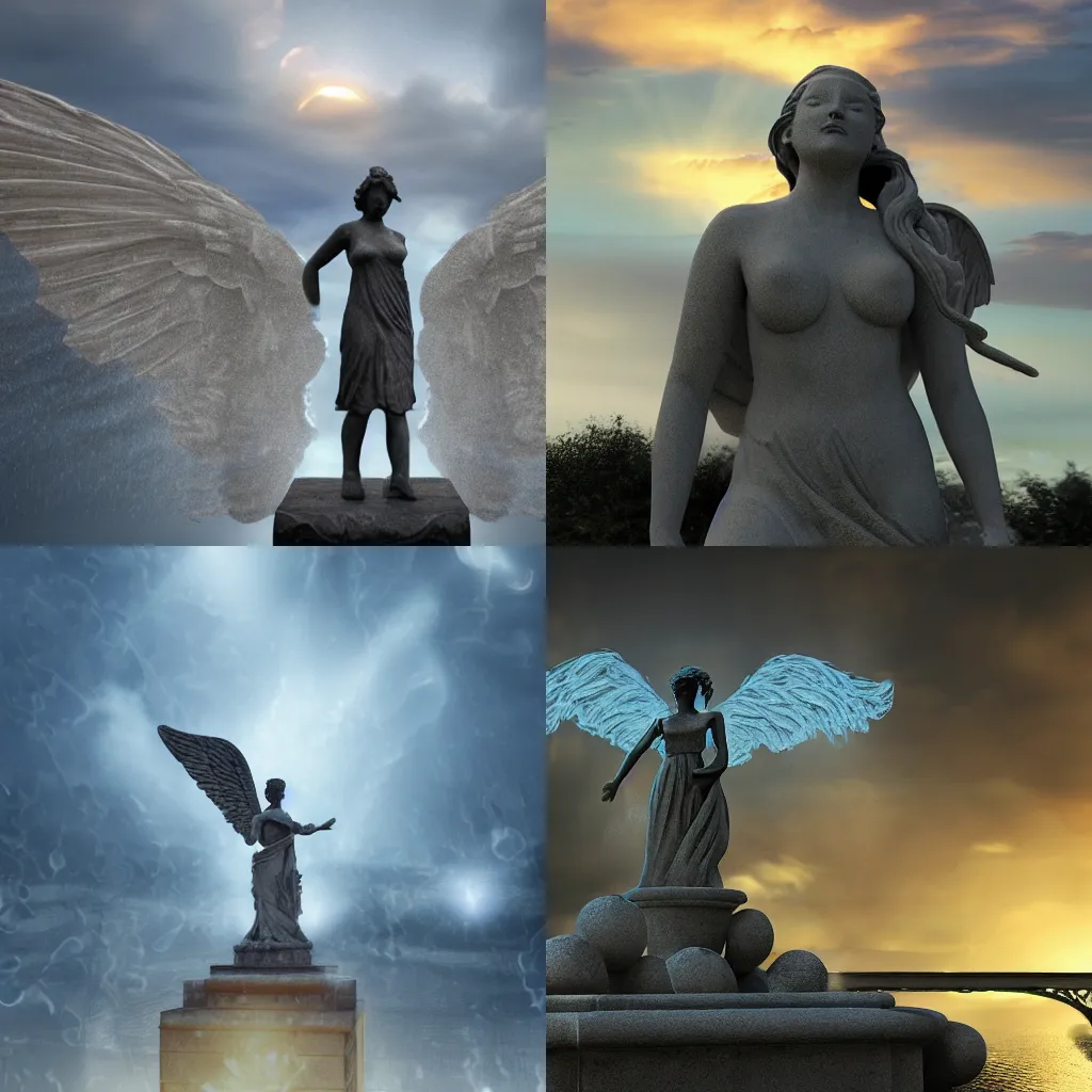 Prompt: a stone statue of angel, statue is a fountain, water is dripping from angel's eyes, there is midnight sunset, rim lights and caustics, super realistic render vray, clouds and corrupted city behind, blizzard sharp dynamic lights, anime style, studio ghiblli, angel is on center of an image, ambient and particles are flying