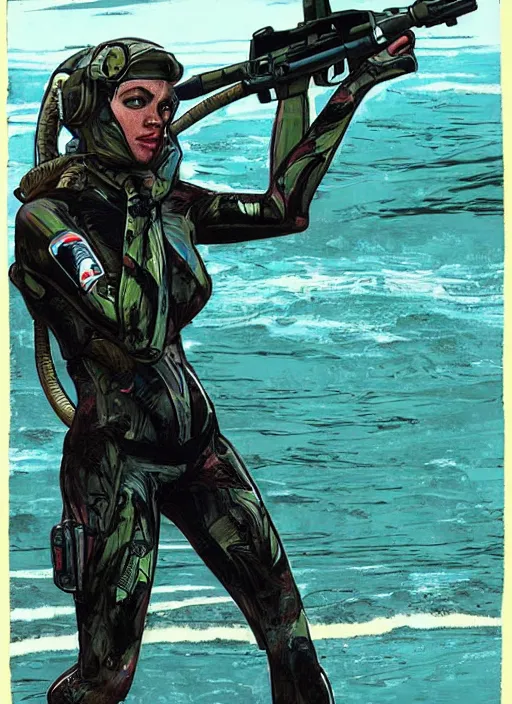 Image similar to Dinah. USN blackops operator emerging from water at the shoreline. Operator wearing Futuristic wetsuit and looking at an abandoned shipyard. Frogtrooper. rb6s, MGS, and splinter cell Concept art by James Gurney, Alphonso Mucha. Vivid color scheme.