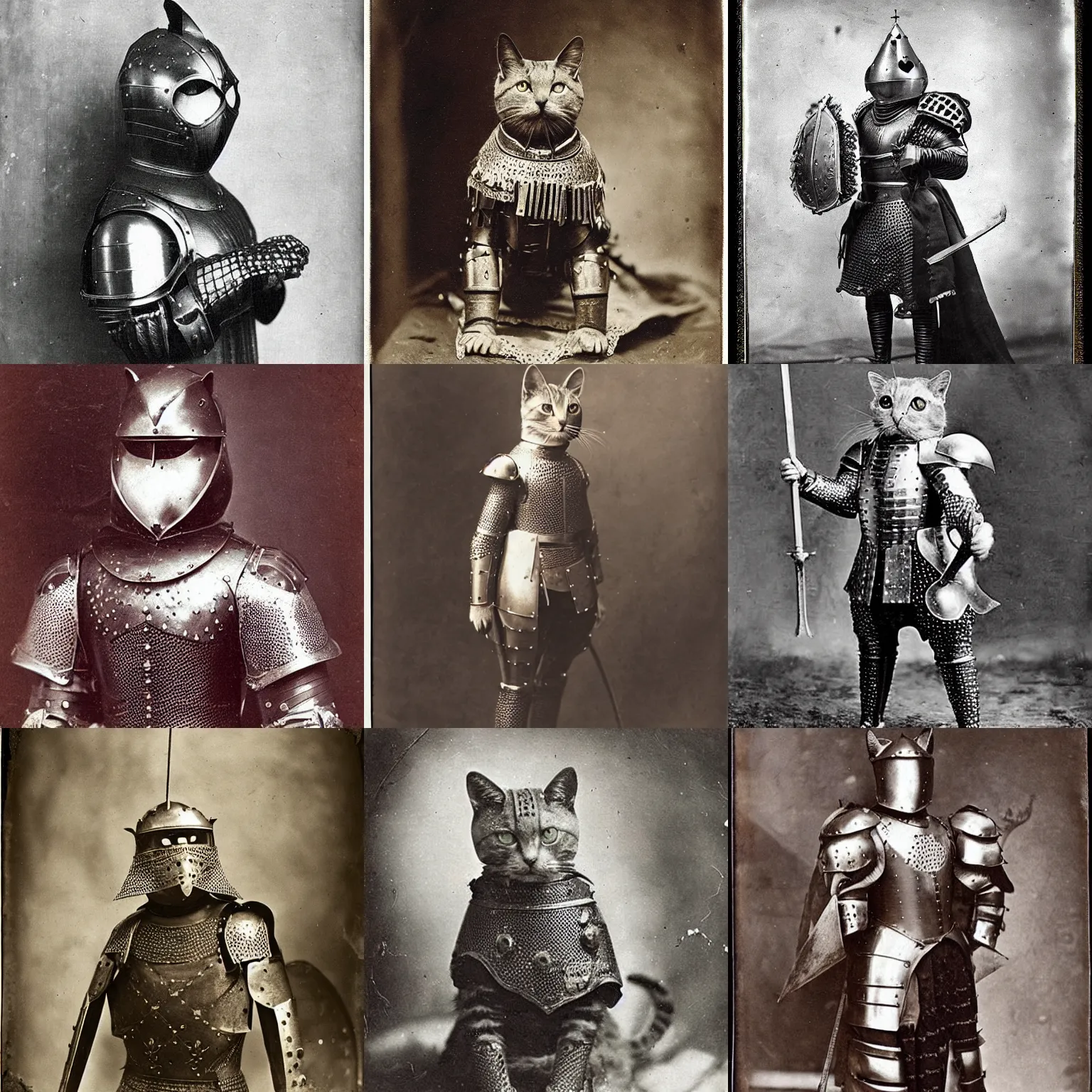 Prompt: “cat in full medieval armour, 1900’s photo”