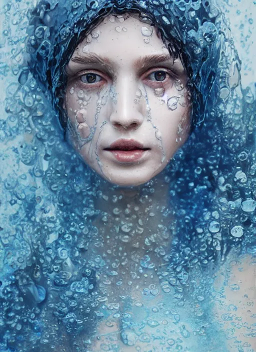 Image similar to sculpture made of water, girl portrait, future, shaman, harper's bazaar, vogue, magazine, wet, blue, concept art, ornate, luxury, elite, elegant, trending on artstation, by ruan jia, by Kenneth Willardt, by ross tran, by WLOP, by Andrei Riabovitchev,