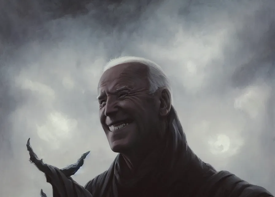 Image similar to abstract painting of giant Joe Biden grinning evil emperor of the world emerging in dark clouds, Sidious, noxious, cosmic horror, evil, dangerous, trending on ArtStation, masterpiece, by Greg Rutkowski, by Ross Tran, by Fenghua Zhong, octane, lightbeam eyes, soft render, clear facial features, oil on canvas, immense endless crowd, moody lighting, cinematic, professional environment concept art