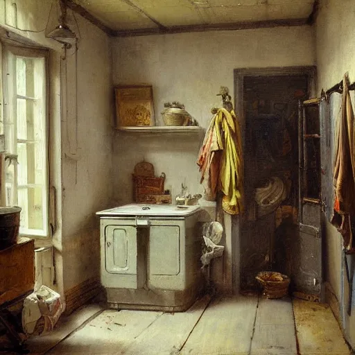 Image similar to detailed painting of a laundry room, floral ornaments, andreas achenbach,