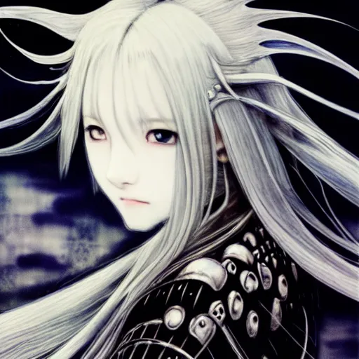 Image similar to yoshitaka amano blurred and dreamy realistic illustration of an anime girl with wavy white hair fluttering in the wind and cracks on her face wearing elden ring armour with the cape, abstract black and white patterns on the background, noisy film grain effect, highly detailed, renaissance oil painting, weird portrait angle