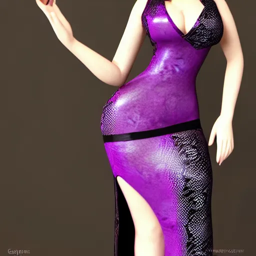 Image similar to curvy feminine hot goth cutie with sublime modest elegant patterned violet-black snakeskin leather neck-high gown, cgsociety, photorealistic, comfy ambience, idealistic, 16k, smooth, sharp focus, trending on ArtStation, volumetric lighting, fully clothed, worksafe