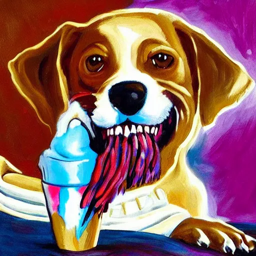 Image similar to painting of a dog eating ice cream