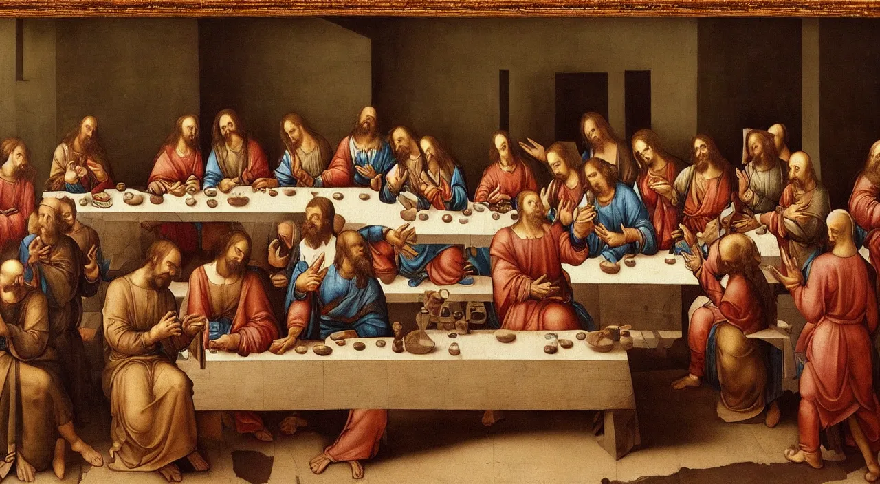 Image similar to “Painting of The Last Supper, everybody sat at the table staring at their smartphones, Leonardo Da Vinci, 1498, Tempera on gesso, pitch, and mastic”