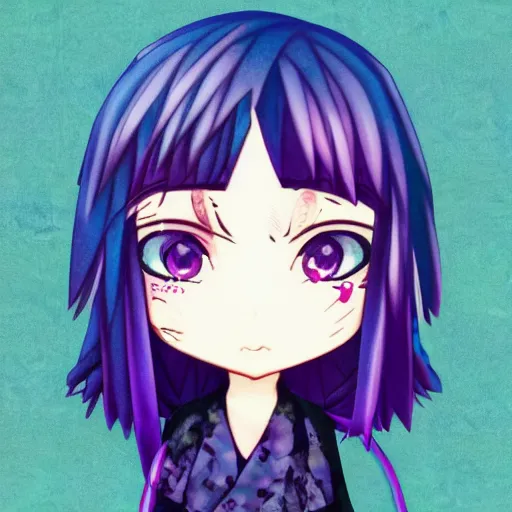 Image similar to vaporwave character face portrait of a singular kawaii chibi in the sytle of vaporwave, in simple background, nendoroid eyes, anime waifu, ukiyoe