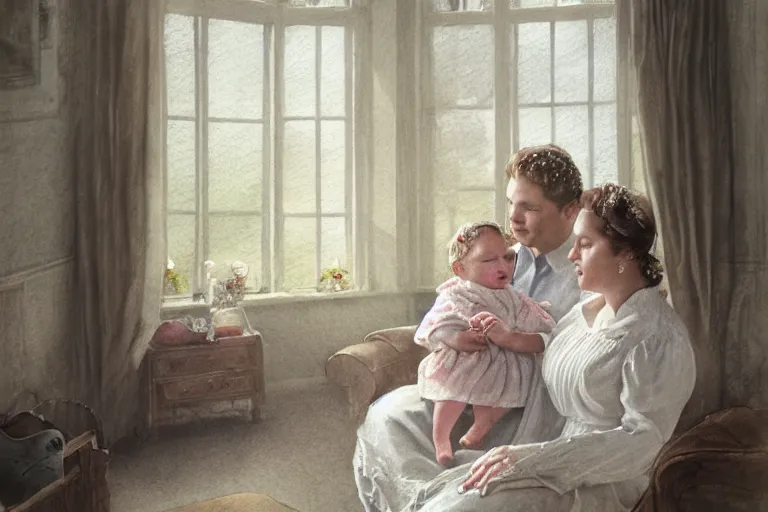 Prompt: charming and chubby parents and their very fat baby girl, wearing a polka dot cloths and a victorian - style hairdo, sits in the large and bright studio. sunlight enters through the barred window. delicate watercolor and pencil on canvas. beautiful lighting, 4 k post - processing, highly detailed, 5 k extremely detailed, 3 d. cinematic scene.