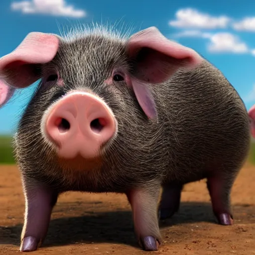 Image similar to a happy pig jumping around in a muddy enclosure. concept art. cute. blue sky. 4 k