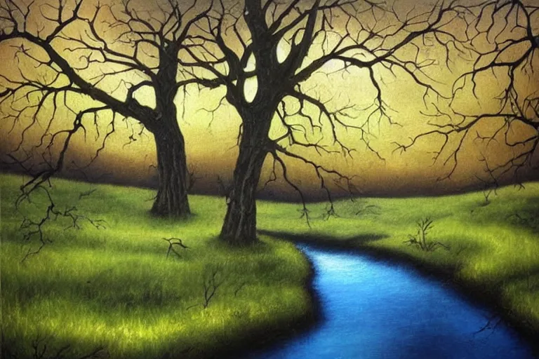 Image similar to masterpiece painting of oak trees on a hillside overlooking a creek, dramatic lighting, by kelly mckernan