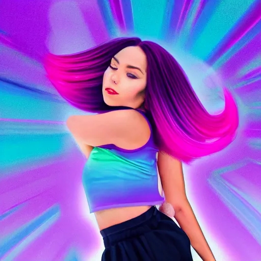 Image similar to a award winning half body portrait of a beautiful woman in a croptop with a ombre purple pink teal hairstyle with head in motion and hair flying, outrun, vaporware, vivid colors, highly detailed, fine detail, intricate