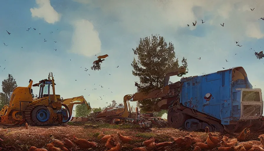 Image similar to a bulldozer accidently knocking over a chicken coop, matte painting, art station, blue sky, simon stalenhag