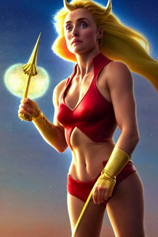 Image similar to polished sweaty she - ra : : young gillian anderson adult annasophia robb : : kate upton body : : weta disney pixar movie still photo : : hi - fructose, sci fi, fantasy, decadent highly - detailed digital painting, golden ratio, octane render, artstation, smooth, sharp focus, artgerm, mucha, loish, wlop : :