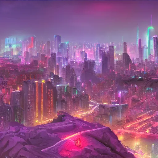 Prompt: A highly detailed and photorealistic matte painting of a city of neon lights on the edge of a crater, in the style of a panoramic landscape, trending on artstation,