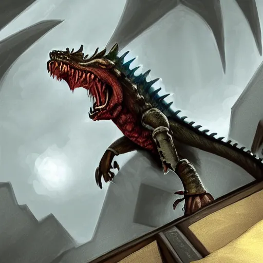 Prompt: digital painting of a dragonborn falling down the stairs, ultra realistic