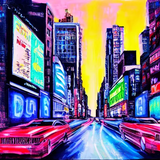 Prompt: mixed media painting of new york city, street view, night, glow of neon lights.