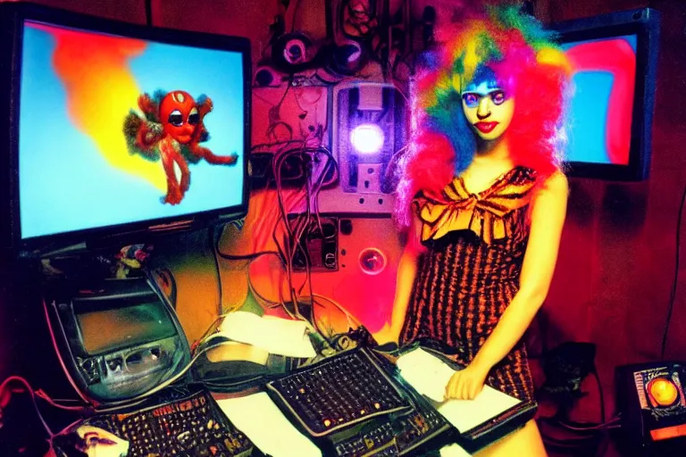 Prompt: cute clowngirl in clowncore cyberspace, fractal, in 2 0 5 5, y 2 k cutecore clowncore, bathed in the glow of a crt television, crt screens in background, low - light photograph, in style of tyler mitchell