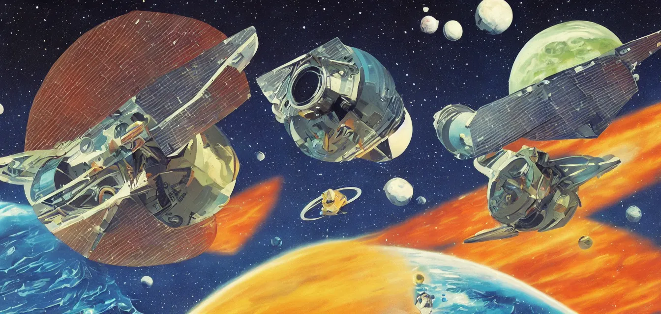 Image similar to space battle aftermath in orbit above moon, retro futurism painting