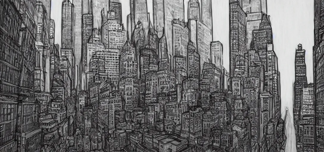 Prompt: concept art for new york city, pencil, pen, hand drawn, drawing, black and white, ultra detailed, highly detailed, detailed, concept, award - winning art, intricate, 8 k